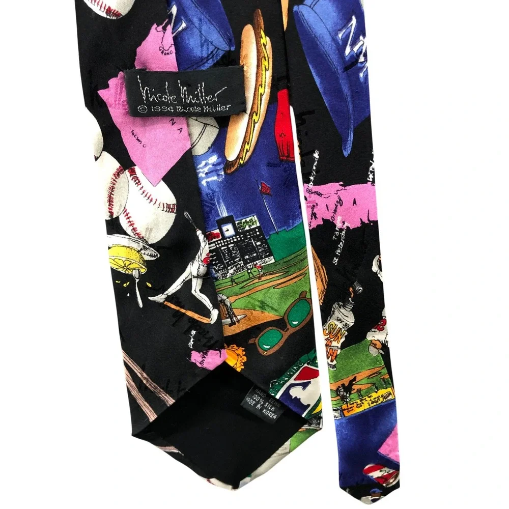 Vintage 90s Nicole Miller Novelty Silk Tie Mens MLB Baseball Black‎ Multicolor
